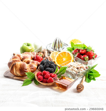 Breakfast croissants, muesli, fresh berries. Breakfast croissants, muesli, fresh berries. 29660848
