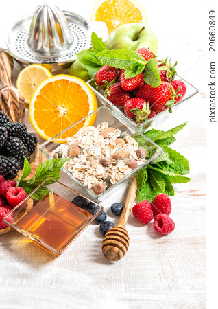 Breakfast with croissants, muesli, fresh berries Breakfast with croissants, muesli, fresh berries 29660849