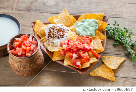 Cheese nachos with different types of sauce 29663697