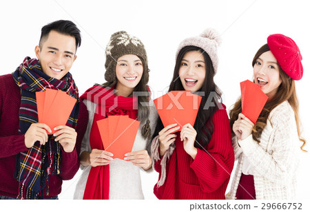 young group showing red envelope young group showing red envelope 29666752