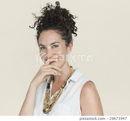 Caucasian Woman Smiling Hand Gesture Caucasian Woman Smiling Hand Gesture 29673947