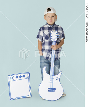 Portrait of a Little Blond Caucasian Boy with Guitar Isolated Portrait of a Little Blond Caucasian Boy with Guitar Isolated 29674550
