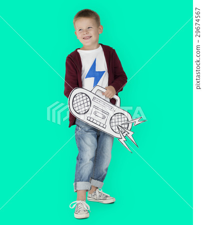 Portrait of a Little Blond Caucasian Boy with a Radio Isolated 29674567