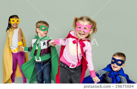 Little Kids Dressing Superhero Hold Hands Little Kids Dressing Superhero Hold Hands 29675084