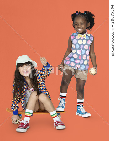 Children Girlfriends Smiling Happiness Friendship Togetherness Studio Portrait 29675304
