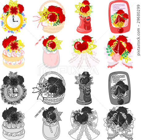 Cute love of carnation goods such as watches, baskets and posts, mobile phones, pancakes, juices, ribbons and bouquets 29680299