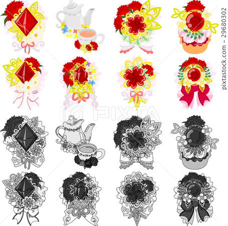 Cute icon of carnation goods such as tea, bouquet and tart Cute icon of carnation goods such as tea, bouquet and tart 29680302