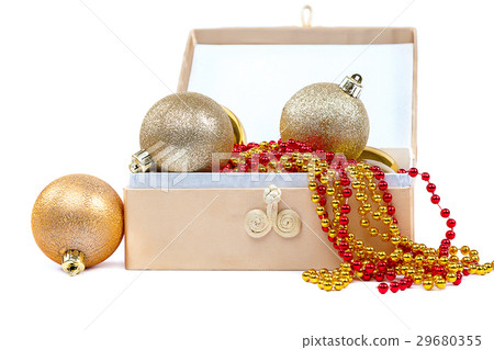 Christmas balls and ribbon with a box. 29680355