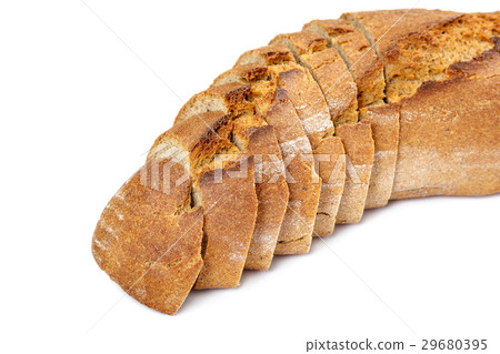 Loaf of sliced bread on white background. 29680395