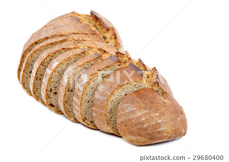 Loaf of sliced bread on white background. 29680400