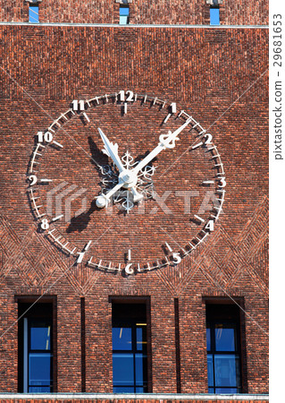 large clock on City Hall (Radhuset), Oslo, Norway large clock on City Hall (Radhuset), Oslo, Norway 29681653