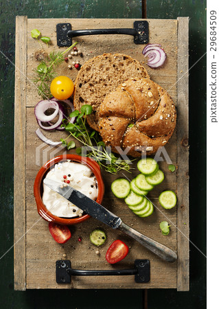 Homemade bread loaf and fresh ingredients Homemade bread loaf and fresh ingredients 29684509