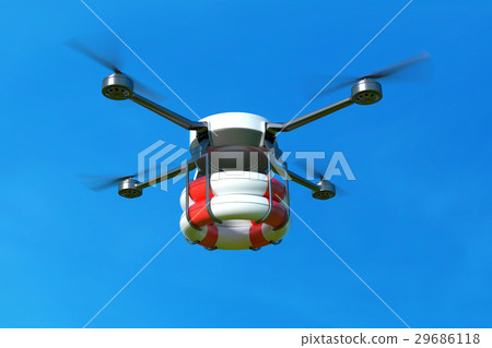 Rescue drone with lifebuoy on blue sky. 29686118