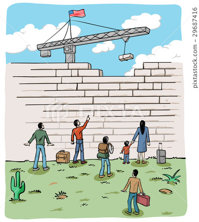 many people refugees on a border wall many people refugees on a border wall 29687416