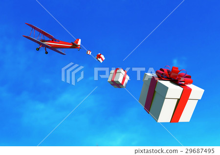 Flying airplane with gift box over sky. Flying airplane with gift box over sky. 29687495