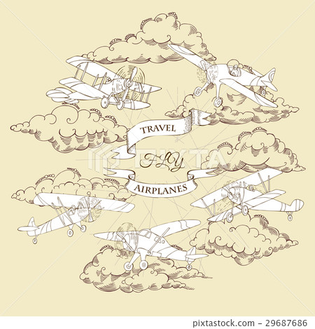 Background with Retro Airplanes and Clouds - Stock Illustration ...