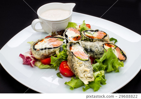warm Japanese salad with fish and greens 29688822