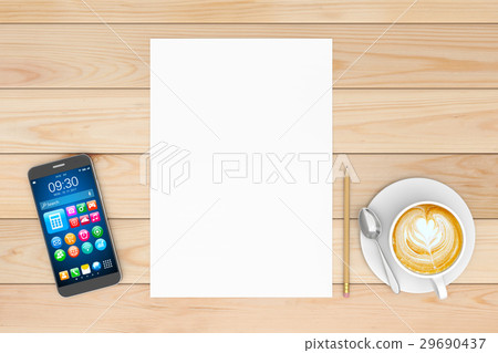 Smartphone, notepad, pencil,coffee on wooden table 29690437