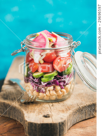 Vegetable and chickpea sprout vegan salad in jar 29696597