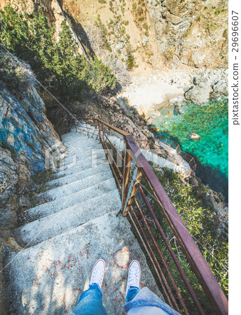 Stairs down to secret lagoon at Mediterranean sea Stairs down to secret lagoon at Mediterranean sea 29696607