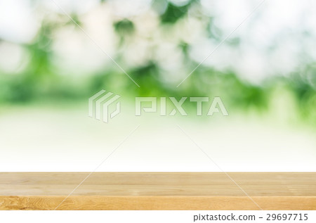 Empty wooden table top with blurred green garden. Empty wooden table top with blurred green garden. 29697715