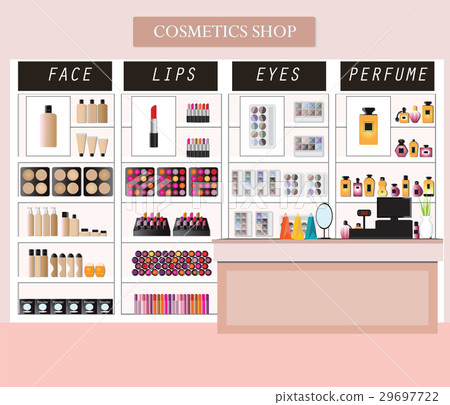 Cosmetics store interior with products on shelves. Cosmetics store interior with products on shelves. 29697722
