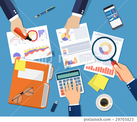 Hand with magnifying glass and calculator, Hand with magnifying glass and calculator, 29703823