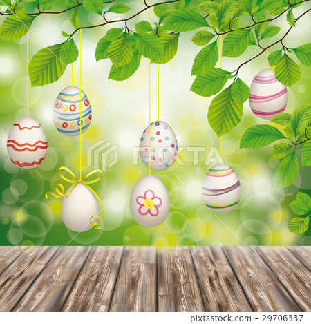 Wooden Ground Hanging Easter Eggs Green Nature 29706337