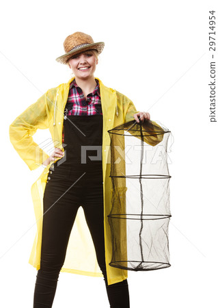 Happy woman holding empty fishing keepnet 29714954