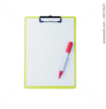 Clipboard with blank sheet and red magic pen. 29715623
