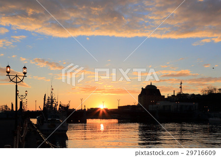 Morning bridge of morning glow and saury fishing boat at berth 29716609