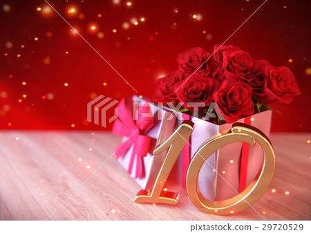 birthday concept with red roses in gift on wooden 29720529