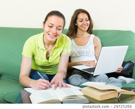 Smiling girlfriends doing homework. 29725268
