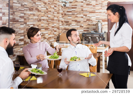 brunette waitress and unhappy people in a cafe brunette waitress and unhappy people in a cafe 29728539