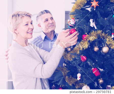 Mature happy couple decorate fir-tree for holidays of Christmas and New Year Mature happy couple decorate fir-tree for holidays of Christmas and New Year 29730781