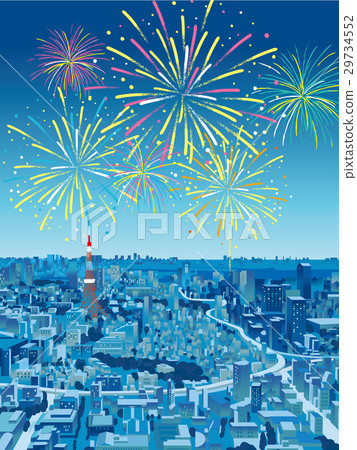 Tokyo streets bird\'s eye view fireworks