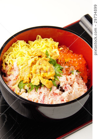 Bowl of rice topped with sashimi Bowl of rice topped with sashimi 29734899