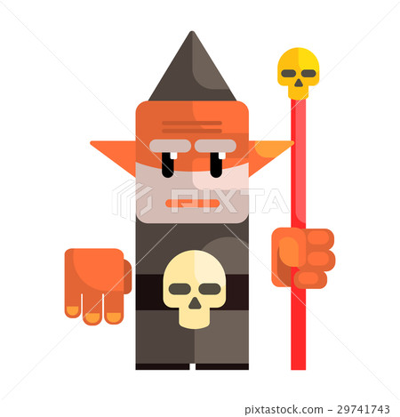 Cartoon dwarf holding a staff with a skull. Fairy 29741743