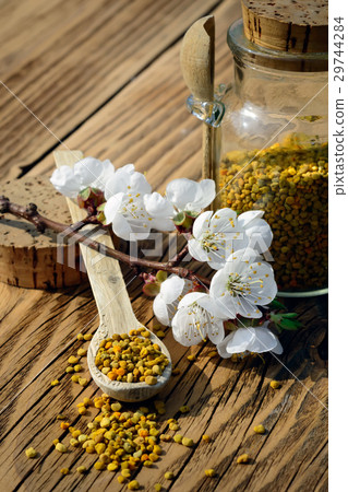 Grains of bee pollen in jar and wooden spoon on Grains of bee pollen in jar and wooden spoon on 29744284