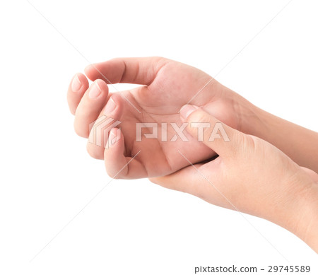 Woman hand holding her wrist on white background Woman hand holding her wrist on white background 29745589