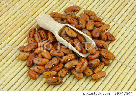 Brown pinto beans with wooden scoop on bamboo mat 29747844