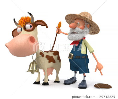 3d illustration the farmer with a cow 29748825