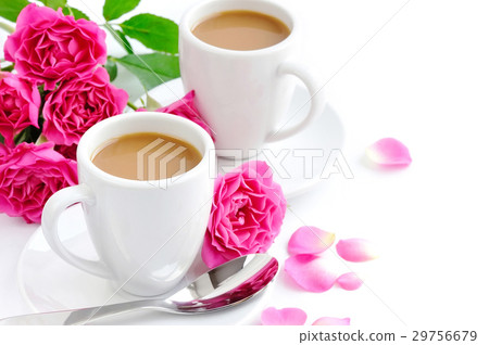 Cups of coffee and pink roses on white background Cups of coffee and pink roses on white background 29756679