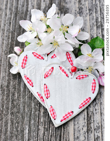 Spring Blossom and hearts over wooden background Spring Blossom and hearts over wooden background 29756895
