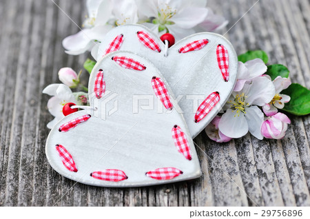 Spring Blossom and hearts over wooden background Spring Blossom and hearts over wooden background 29756896
