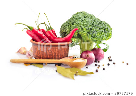 Vegetables and spices on a white background 29757179