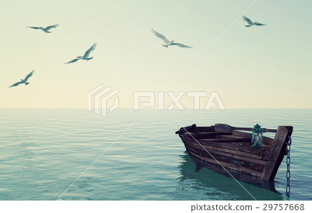Wooden fishing boat floating over calm blue sea Wooden fishing boat floating over calm blue sea 29757668
