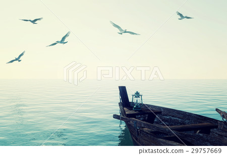 Wooden fishing boat floating over calm blue sea Wooden fishing boat floating over calm blue sea 29757669