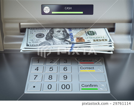 ATM machine and money. Withdrawing dollars 29761114