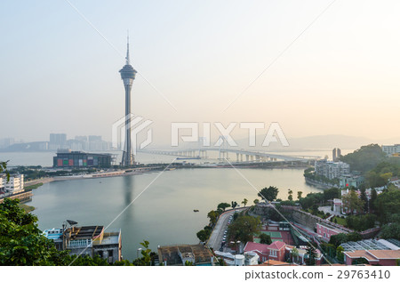 Macau tower and sai van bridge in evening at china Macau tower and sai van bridge in evening at china 29763410